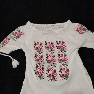 26 International White Blousewith Pink and Green Embroidery